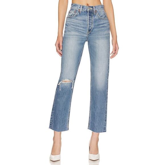 Re/Done 70's Ultra High Rise Stove Pipe Worn Crystal Blue Size 30 NWT